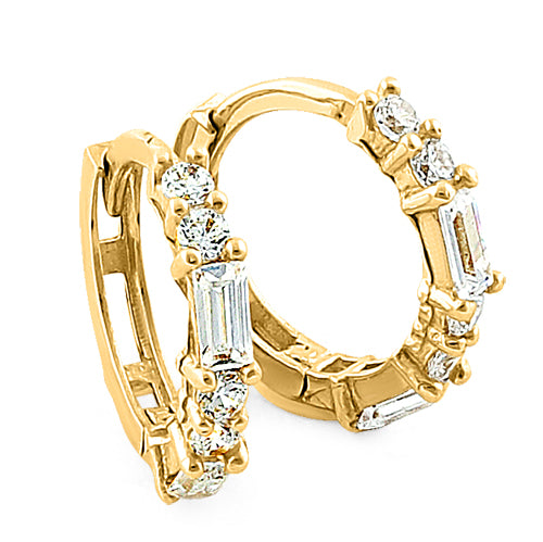 Solid 14K Yellow Gold Round & Baguette Straight CZ Hoop Earrings