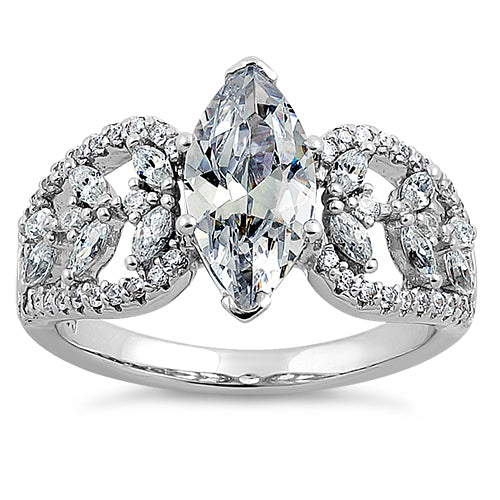Sterling Silver Decorative Marquise Cut Clear CZ Engagement Ring