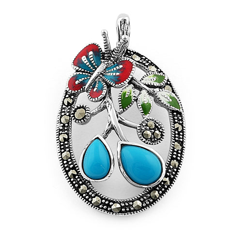 Sterling Silver Enamel Butterfly & Flowers Simulated Turquoise Marcasite Pendant