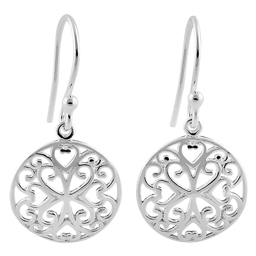 Sterling Silver Filigree Heart Dangle Hook Earrings