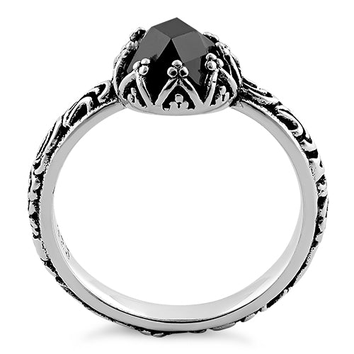 Sterling Silver Floral Black CZ Ring