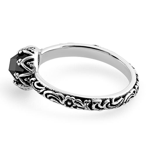 Sterling Silver Floral Black CZ Ring