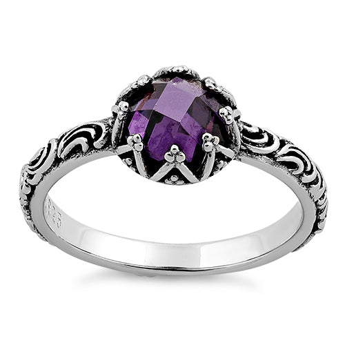 Sterling Silver Floral Purple CZ Ring