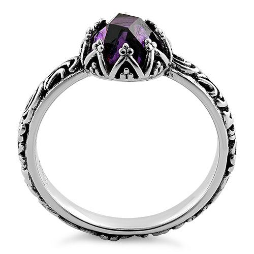 Sterling Silver Floral Purple CZ Ring