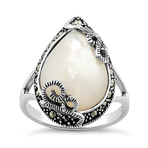 Sterling Silver Pear Shape Mother of Pearl Marcasite Ring