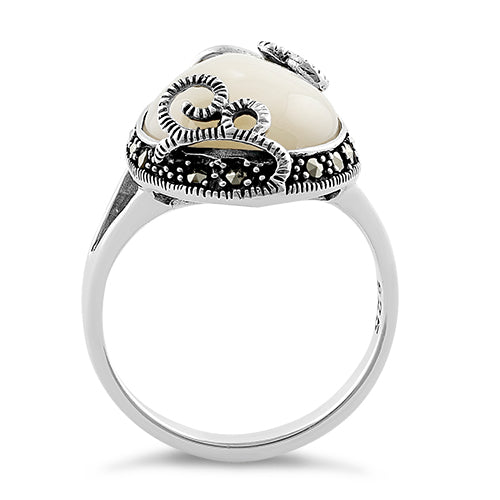 Sterling Silver Pear Shape Mother of Pearl Marcasite Ring