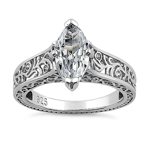 Sterling Silver Vines Filigree Maquise Cut Clear CZ Engagement Ring