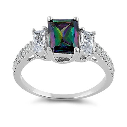 Sterling Silver Rectangular Rainbow Topaz CZ Ring