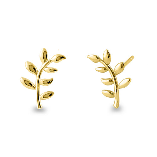 Solid 14K Yellow Gold Trendy Branch Stud Earrings