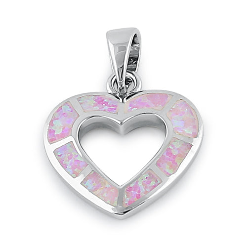 Sterling Silver Pink Lab Opal Hollow Heart Pendant