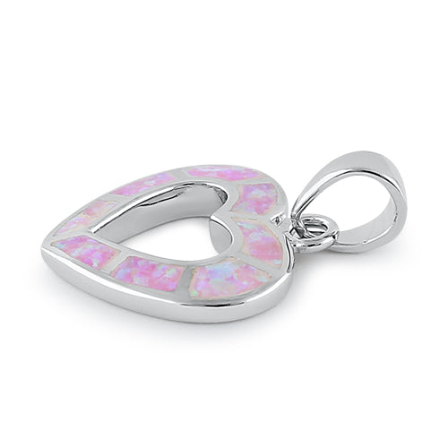 Sterling Silver Pink Lab Opal Hollow Heart Pendant