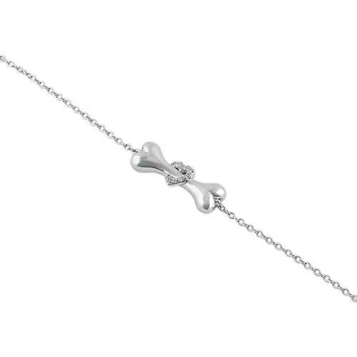 Sterling Silver Dog Bone Clear Heart CZ Bracelet