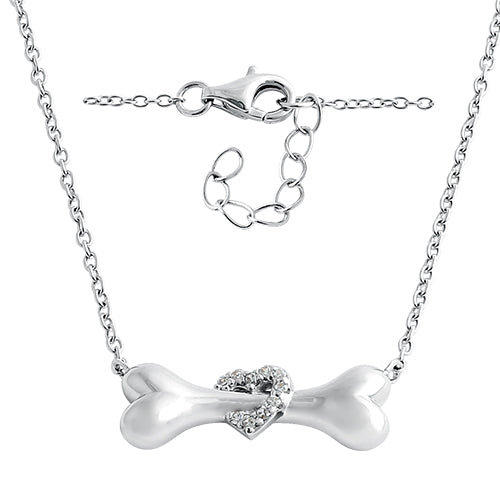 Sterling Silver Dog Bone Clear Heart CZ Necklace