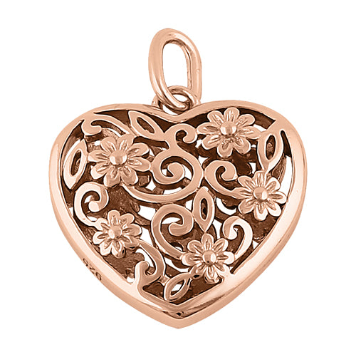 Sterling Silver Rose Gold Plated Flowered Heart Pendant