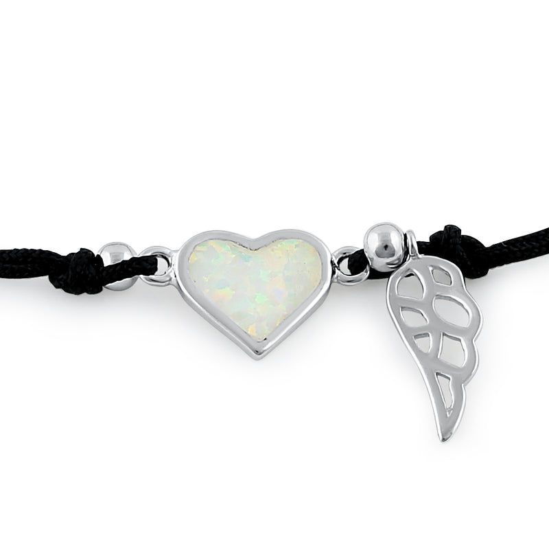 Sterling Silver Winged  White Lab Opal Heart Adjustable Silk Bracelet