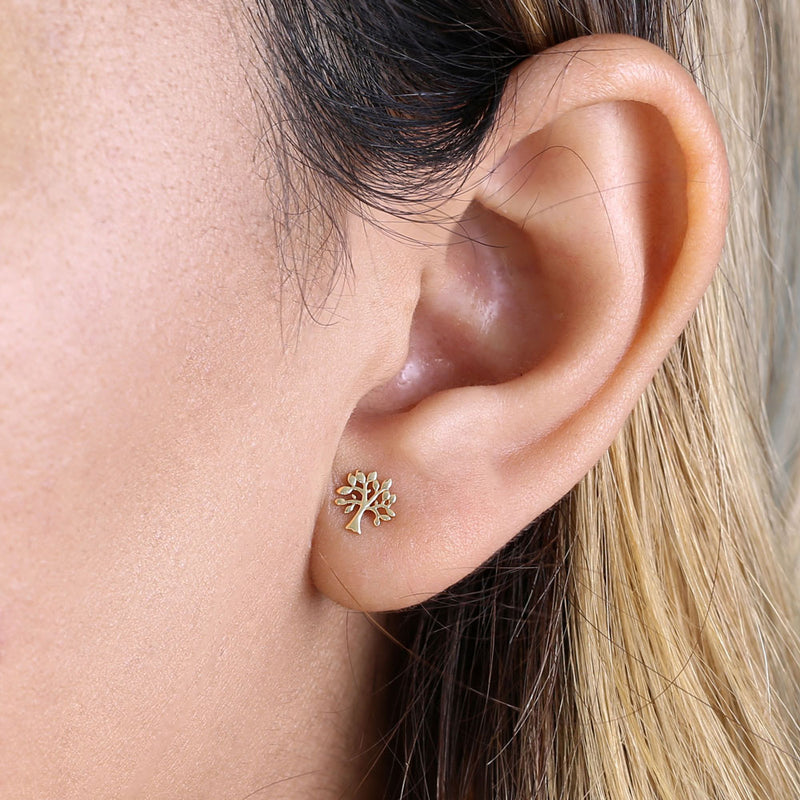 Solid 14K Yellow Gold Tree of Life Stud Earrings