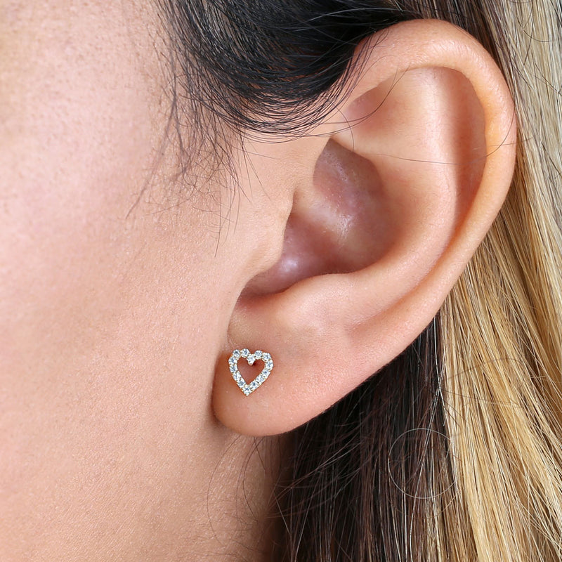 Solid 14K Yellow Gold CZ Heart Stud Earrings