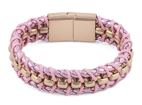 Rose Gold Plated Steel Chain Pink Leather Bracelet