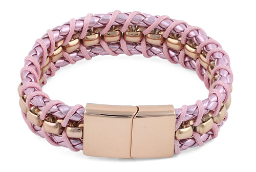 Rose Gold Plated Steel Chain Pink Leather Bracelet