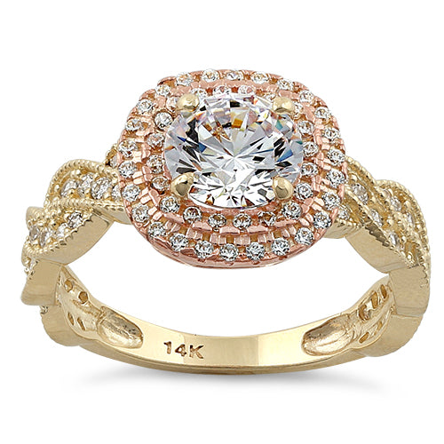 Solid 14K Two Tone Yellow & Rose Gold Engagement Round Clear CZ Ring