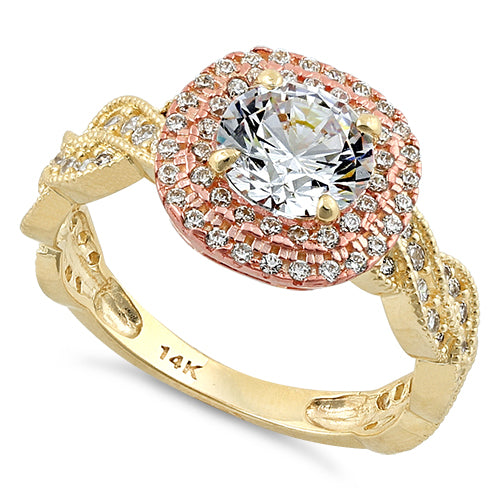 Solid 14K Two Tone Yellow & Rose Gold Engagement Round Clear CZ Ring