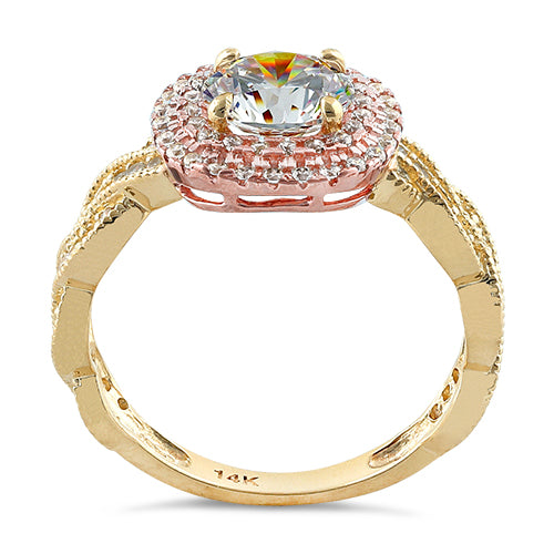 Solid 14K Two Tone Yellow & Rose Gold Engagement Round Clear CZ Ring