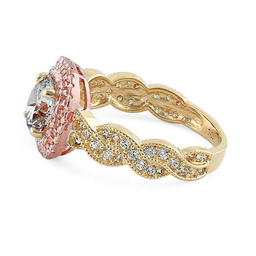 Solid 14K Two Tone Yellow & Rose Gold Engagement Round Clear CZ Ring