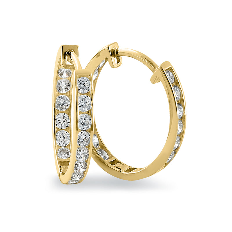 Solid 14K Yellow Gold 1.3mm x 17mm Clear CZ Hoop Earrings