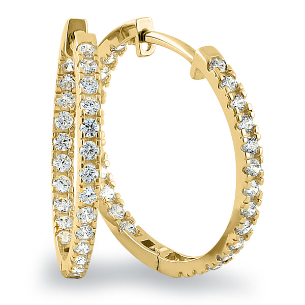 Solid 14K Yellow Gold 1.3mm x 20mm Clear CZ Hoop Earrings