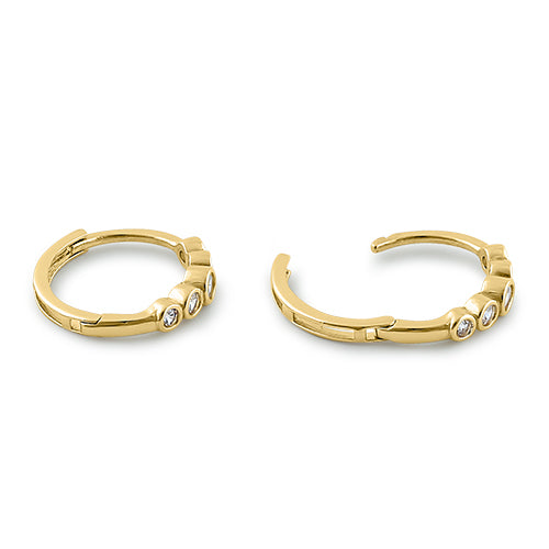 Solid 14K Yellow Gold 1mm x 12.3mm Round Clear CZ Hoop Earrings