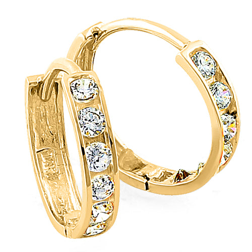 Solid 14K Yellow Gold 2 x 13mm Round CZ Hoop Earrings