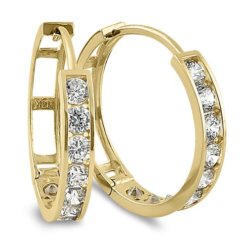 Solid 14K Yellow Gold 3 x 15mm Round CZ Hoop Earrings