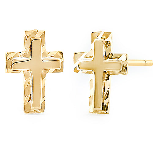 Solid 14K Yellow Gold Cross Earrings