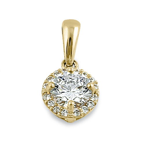 Solid 14K Yellow Gold Round Halo Clear CZ Pendant