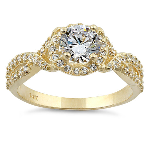 Solid 14K Yellow Gold Twist Round Halo Engagement Clear CZ Ring