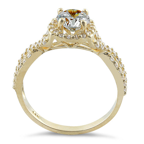 Solid 14K Yellow Gold Twist Round Halo Engagement Clear CZ Ring