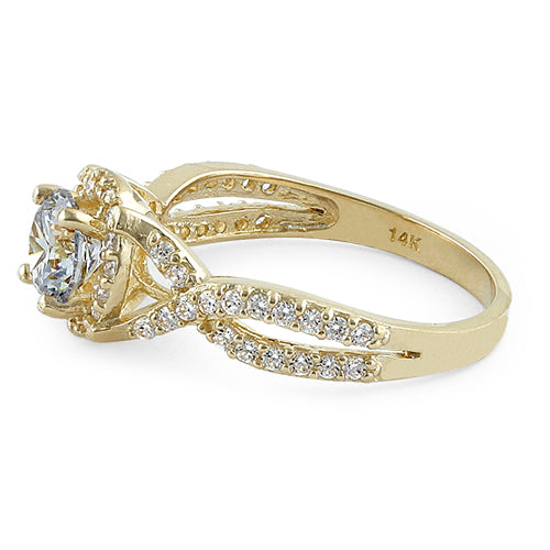 Solid 14K Yellow Gold Twist Round Halo Engagement Clear CZ Ring