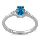 Sterling Silver Precious Emerald Cut Aqua Blue CZ Ring