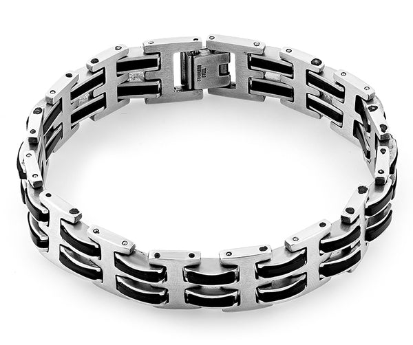Stainless Steel Black Rubber Link Bracelet
