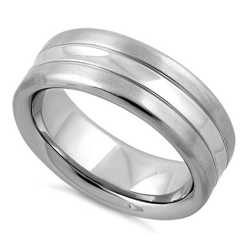 Stainless Steel Center Polished Double Groove Satin Finish Band Ring