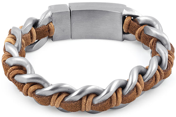 Stainless Steel Chain Brown Leather Bracelet