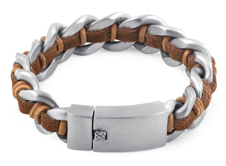 Stainless Steel Chain Brown Leather Bracelet