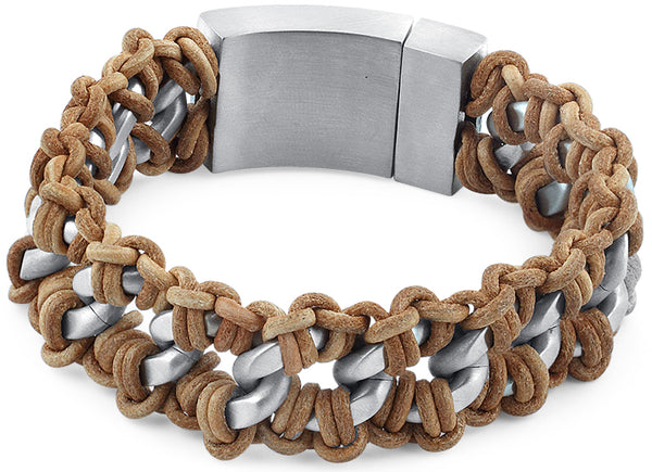 Stainless Steel Chain Tan Leather Bracelet