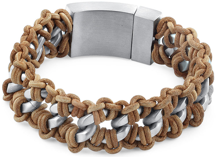 Stainless Steel Chain Tan Leather Bracelet