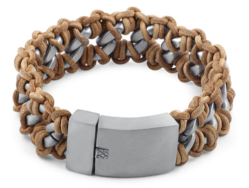 Stainless Steel Chain Tan Leather Bracelet