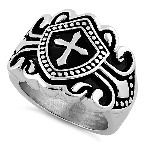 Stainless Steel Cross Crest Shield Ring