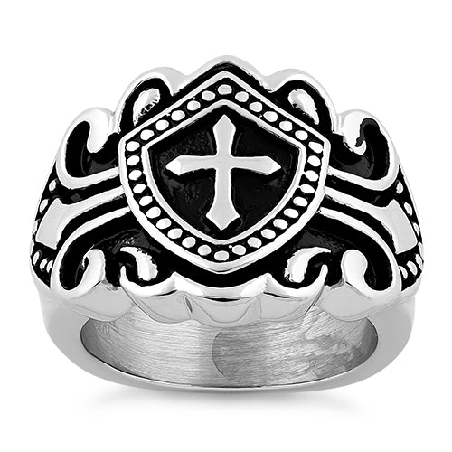 Stainless Steel Cross Crest Shield Ring