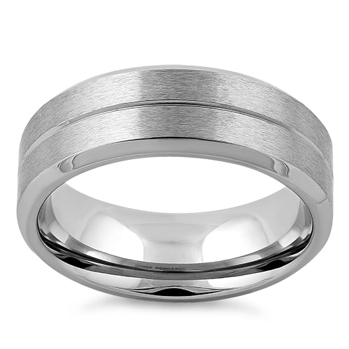 Stainless Steel Polished Beveled Groove Satin Finish Band Ring