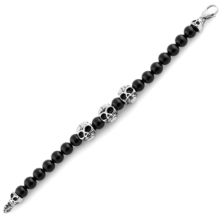 Stainless Steel Triple Skull Black Agate Bracelet