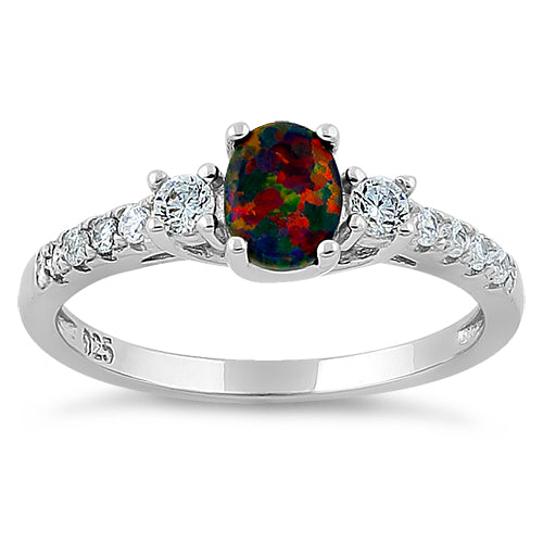 Sterling Silver Encahnted Oval Black Lab Opal CZ Ring